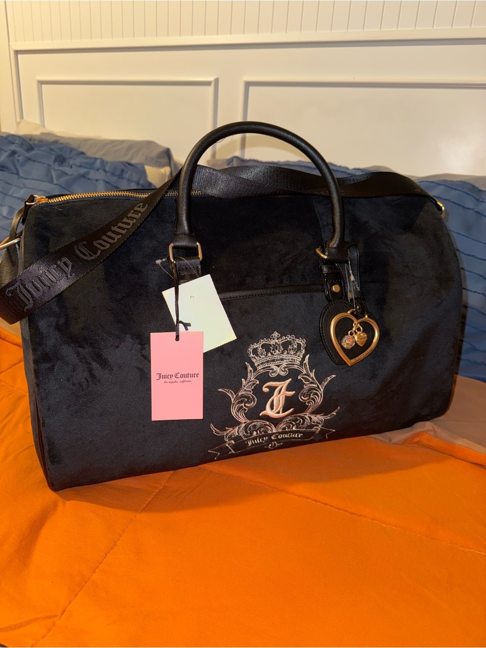 Juicy Couture Black Velvet Logo Duffle with Gold Heart Charm